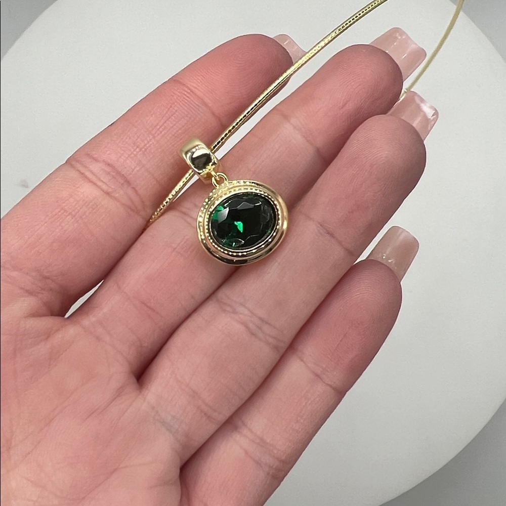 149. 14k Gold Plated over Stainless Steel Omega Necklace Emerald Stone 15”-18” - Picture 5 of 5